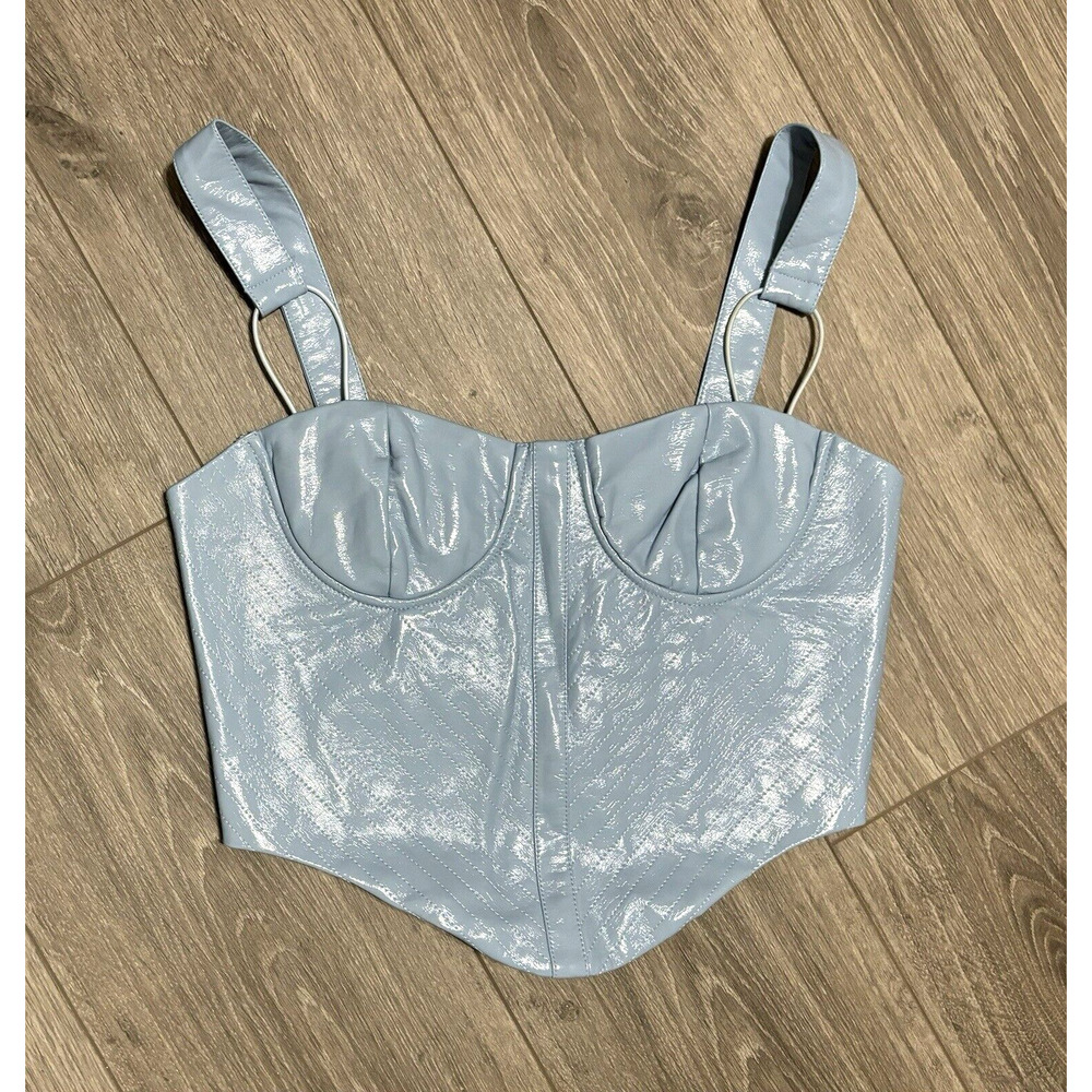 Forever 21 Icy Blue Corset Faux Leather Bra Crop Top Trendy Night‎ Out Small
